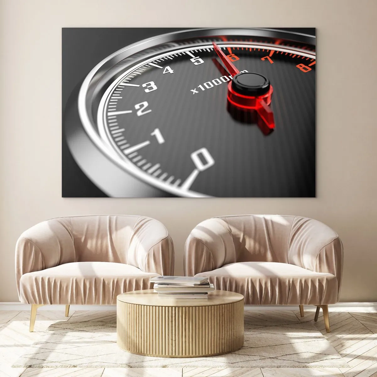 Obraz na szkle - Obrotomierz w sportowym samochodzie z czerwonym wskazaniem - 100x70cm - Gaz do dechy - Nowoczesna dekoracja ścienna do salonu, kuchni i sypialni ARTTOR