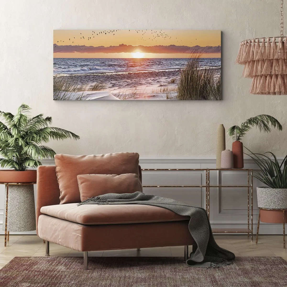 Obraz na płótnie - Zachód słońca nad morzem z widokiem na wydmy - 160x50cm - Pejzaż horyzontalny - Nowoczesna dekoracja ścienna do salonu i sypialni ARTTOR