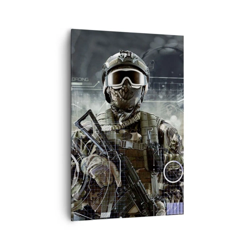 Obraz na płótnie - Żołnierz w futurystycznym hełmie z bronią w tle technologii - 80x120cm - Moc do potęgi - Nowoczesna dekoracja ścienna do salonu i sypialni ARTTOR