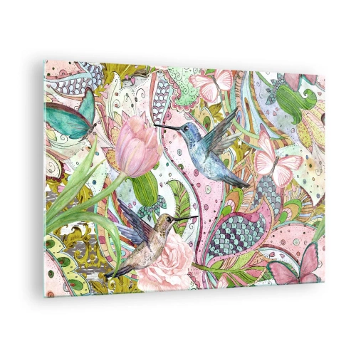 Obraz na szkle - Kolorowe kolibry wśród kwiatów i motyli - 70x50cm - Wplątane w pnączach - Nowoczesna dekoracja ścienna do salonu i sypialni ARTTOR