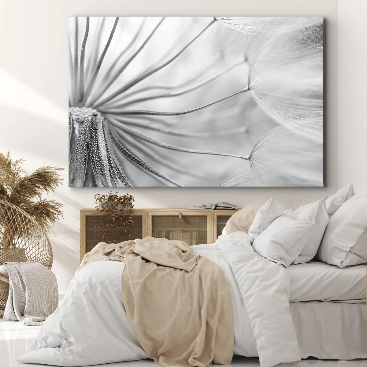 Obraz na płótnie - Delikatne dmuchawce w czarno-białej tonacji - 120x80cm - Dmuchawce, latawce - Nowoczesna dekoracja ścienna do salonu, kuchni i sypialni ARTTOR