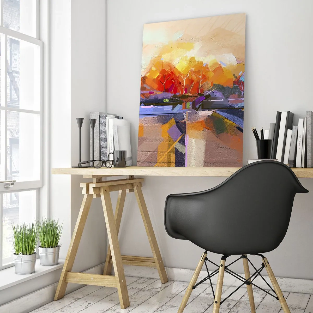 Obraz na szkle - Abstrakcyjny pejzaż z zachodem słońca i barwnymi polami - 50x70cm - Stała się jesień - Nowoczesna dekoracja ścienna do salonu, kuchni i sypialni ARTTOR