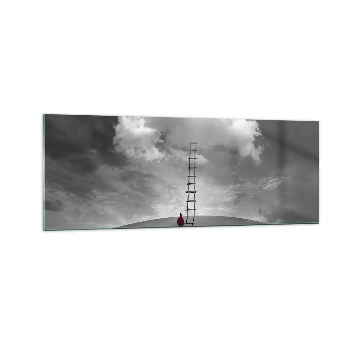 Obraz na szkle - Osoba w czerwonym płaszczu i drabina prowadząca do chmury - 140x50cm - Wszystko możliwe - Nowoczesna dekoracja ścienna do salonu i sypialni ARTTOR