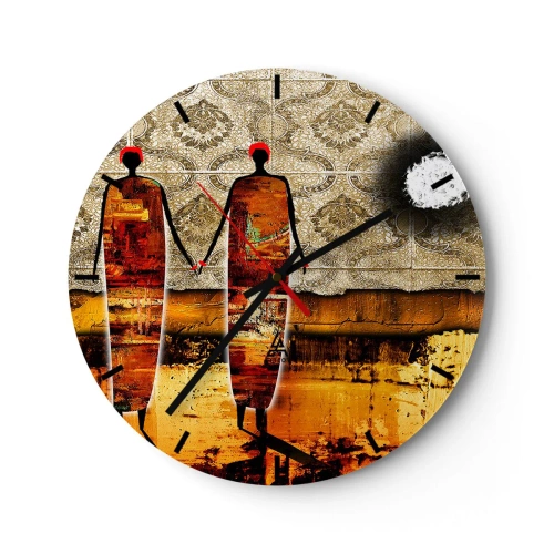 Zegar ścienny - Abstrakcyjny motyw postaci trzymających się za ręce na tle ornamentu - 30x30cm - Kompozycja etniczna w kolorach Afryki - Nowoczesna dekoracja ścienna do salonu, kuchni i sypialni ARTTOR