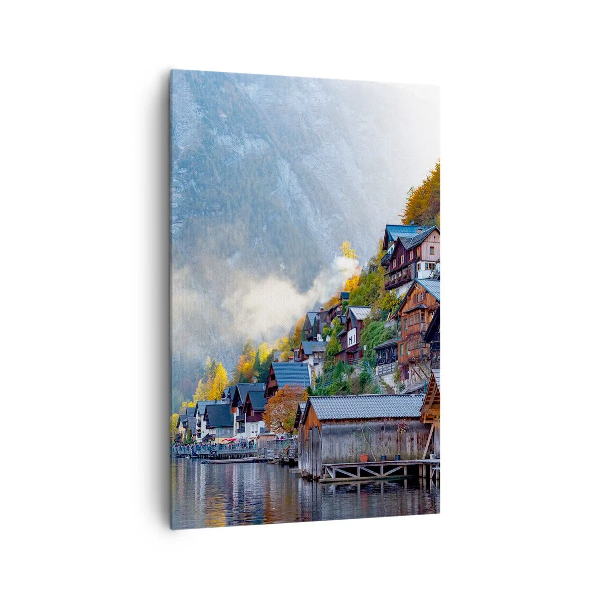 Obraz na płótnie - Górska wioska nad jeziorem w jesiennej scenerii - 80x120cm - Alpejskie klimaty - Nowoczesna dekoracja ścienna do salonu i sypialni ARTTOR