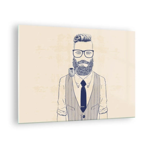 Obraz na szkle - Stylizowany mężczyzna z brodą, w okularach i z fajką, na jasnym tle - 70x50cm - Pogodny, męski i modny - Nowoczesna dekoracja ścienna do salonu i sypialni ARTTOR