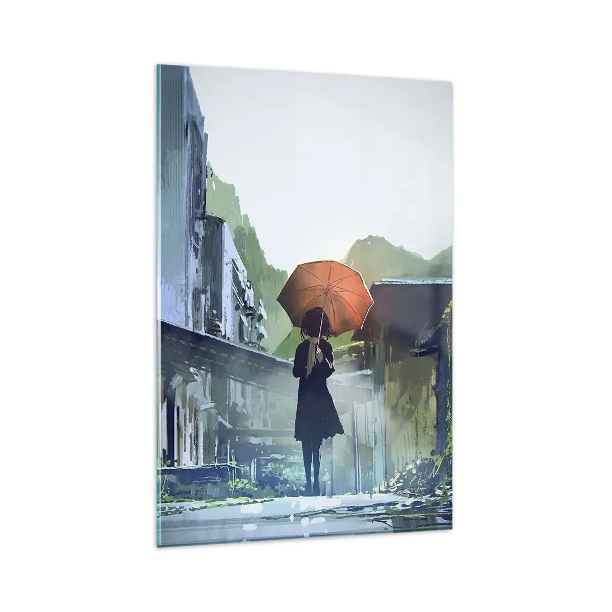 Obraz na szkle - Postać z parasolem w deszczowym mieście - 80x120cm - Ożywczy deszcz - Nowoczesna dekoracja ścienna do salonu i sypialni ARTTOR