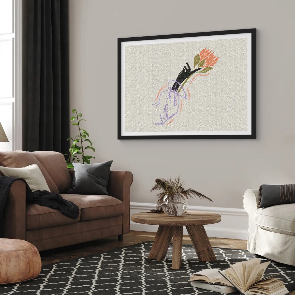 Plakat w czarnej ramie - Minimalistyczny bukiet kwiatów w delikatnym stylu - 100x70cm - Siostrzany dotyk - Nowoczesna dekoracja ścienna do salonu i sypialni ARTTOR