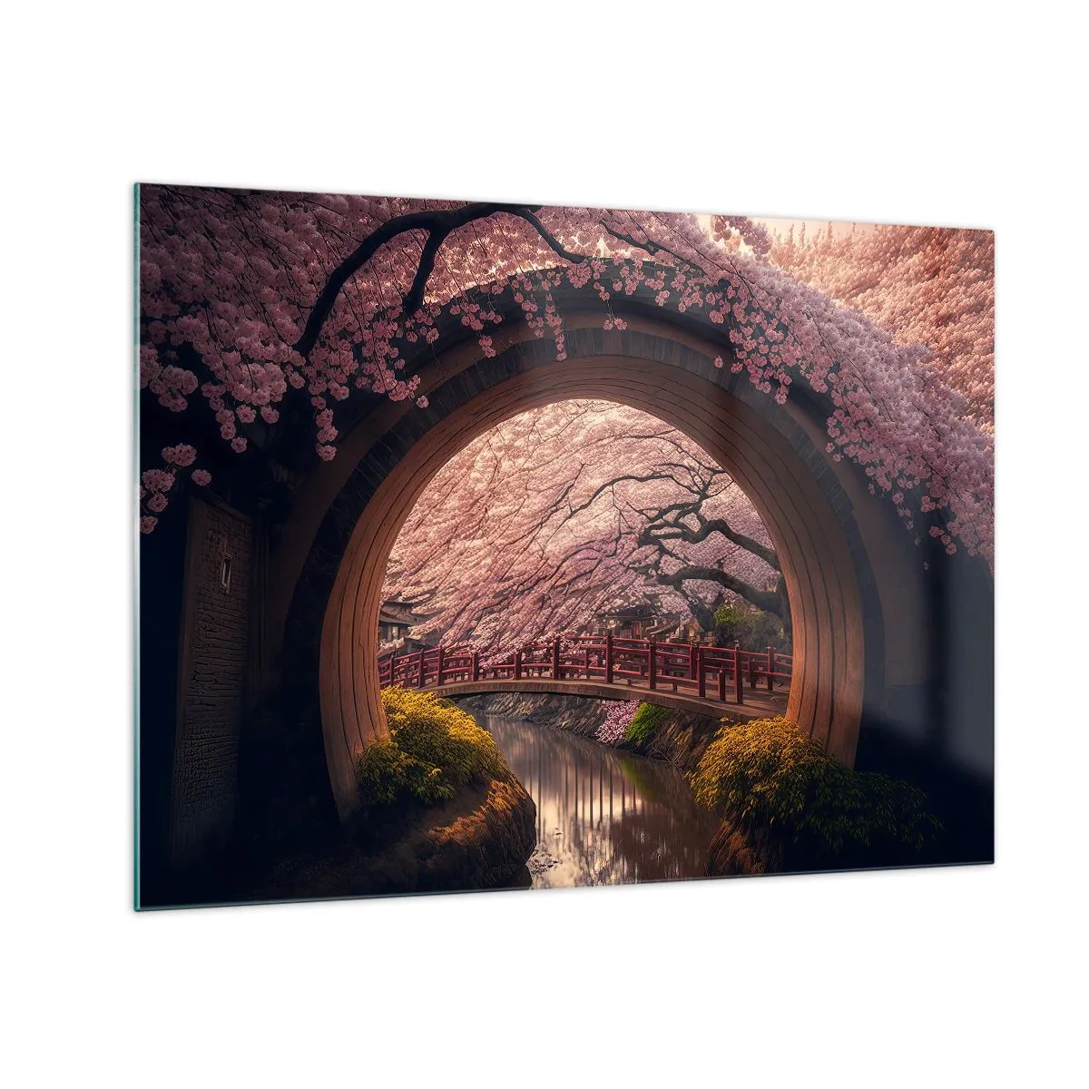 Obraz na szkle - Kwitnące wiśnie i japoński most widziane przez okrągłą bramę - 70x50cm - Japońska wiosna - Nowoczesna dekoracja ścienna do salonu i sypialni ARTTOR
