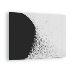 Obraz na szkle - Abstrakcja czarnej masy rozpadającej się na białym tle - 70x50cm - Ruch cząsteczek - Nowoczesna dekoracja ścienna do salonu i sypialni ARTTOR