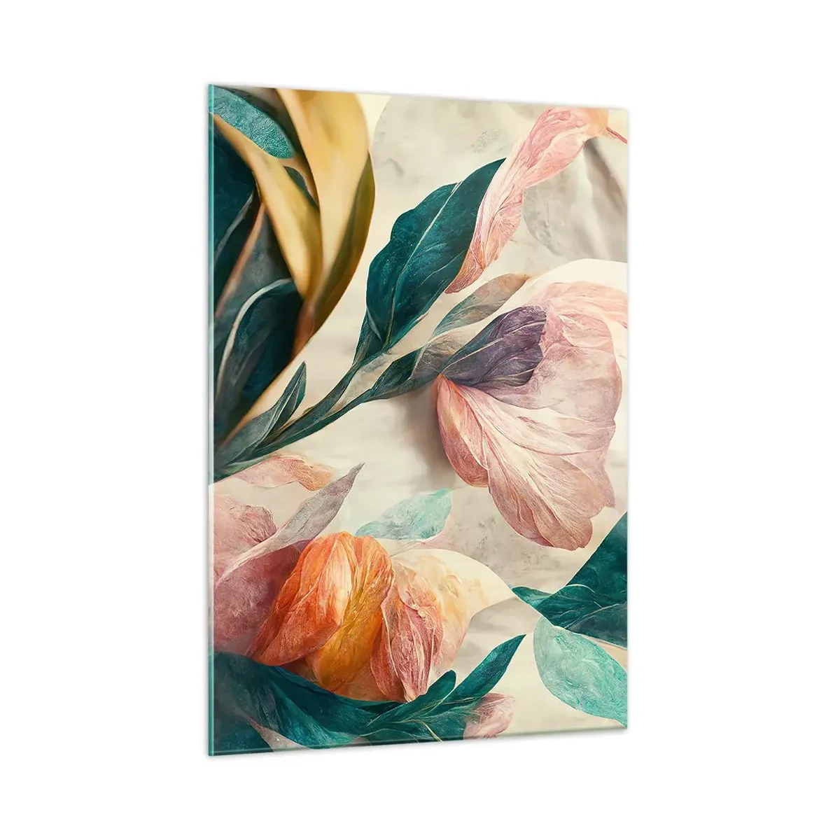 Obraz na szkle - Egzotyczne kwiaty i liście w pastelowych barwach w stylu botanicznym - 50x70cm - Kwiaty wysp południowych - Nowoczesna dekoracja ścienna do salonu, kuchni i sypialni ARTTOR