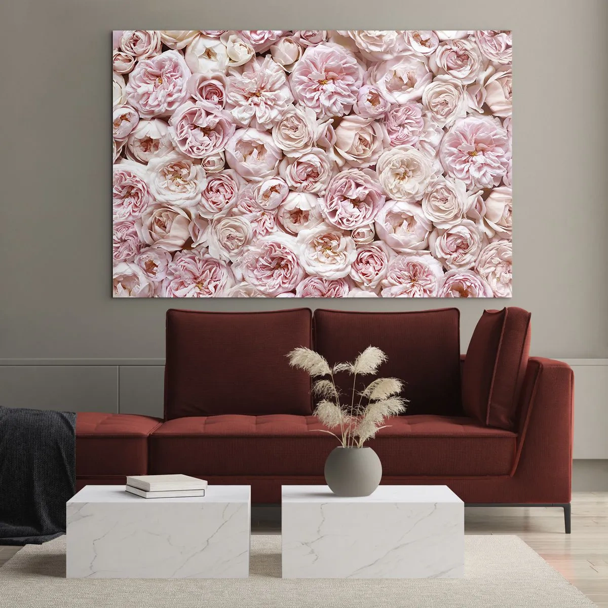 Obraz na szkle - Pastelowe róże w gęstej kompozycji kwiatowej - 70x50cm - Usłane różami - Nowoczesna dekoracja ścienna do salonu i sypialni ARTTOR