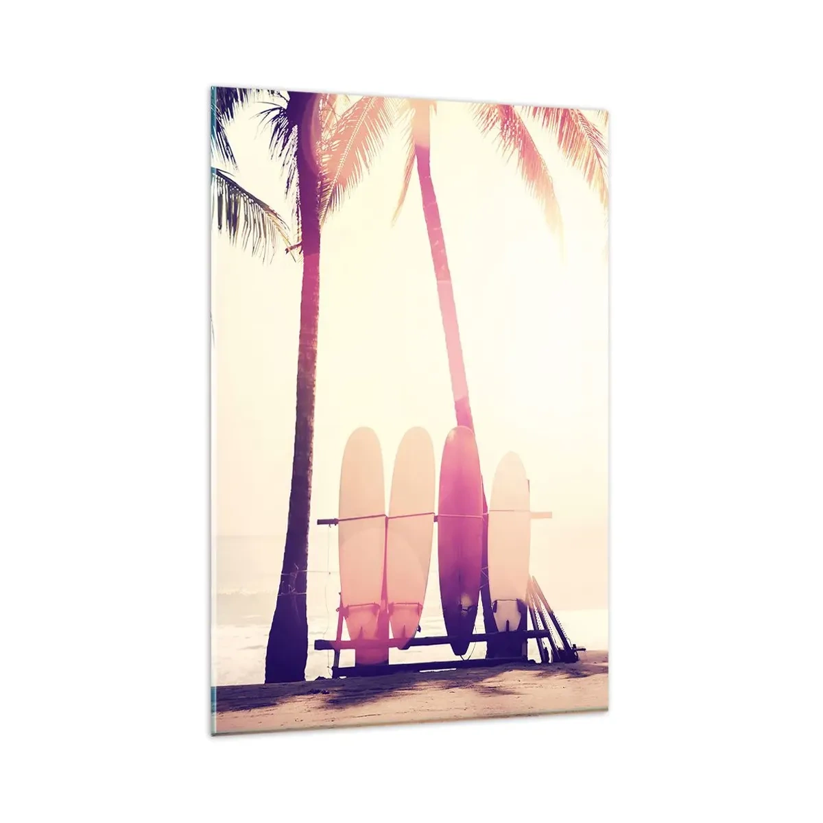Obraz na szkle - Palmy i deski surfingowe na plaży w promieniach słońca - 80x120cm - To będzie wspaniały dzień - Nowoczesna dekoracja ścienna do salonu i sypialni ARTTOR