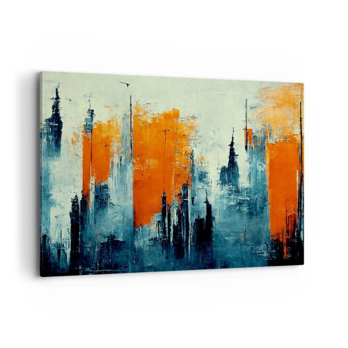 Obraz na płótnie - Abstrakcyjny pejzaż miejski w odcieniach pomarańczu i błękitu - 100x70cm - Pejzaż nowoczesny - Nowoczesna dekoracja ścienna do salonu, kuchni i sypialni ARTTOR
