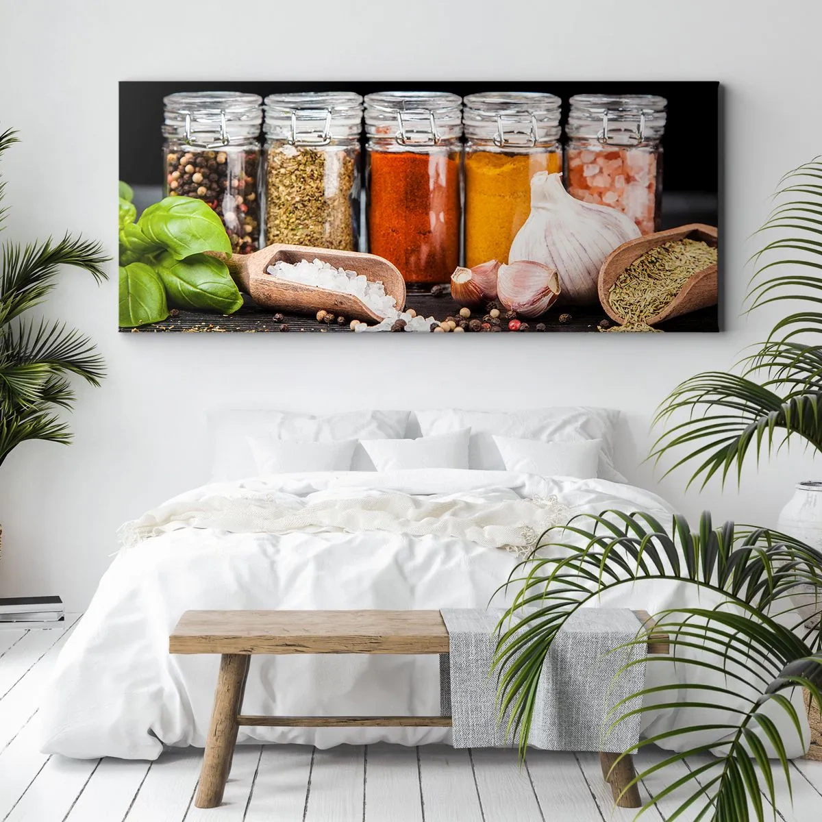 Obraz na płótnie - Zioła i przyprawy w szklanych słoikach na ciemnym tle - 140x50cm - Żeby życie miało smak - Nowoczesna dekoracja ścienna do salonu i sypialni ARTTOR