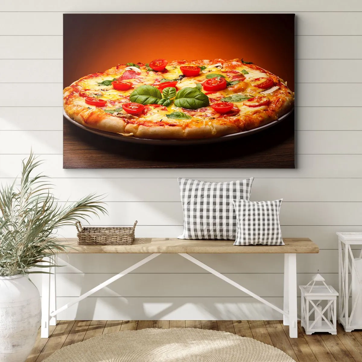 Obraz na płótnie - Pizza z pomidorami i bazylią na drewnianym stole - 120x80cm - Mamma mia! - Nowoczesna dekoracja ścienna do salonu, kuchni i sypialni ARTTOR