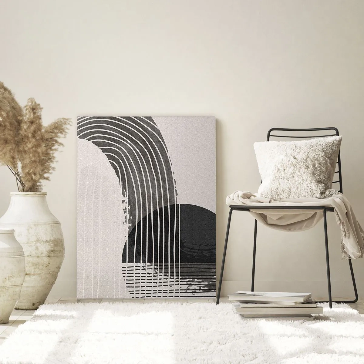 Obraz na szkle - Czarno-biała abstrakcja z liniami i geometrycznymi kształtami - 50x70cm - Tam i z powrotem - Nowoczesna dekoracja ścienna do salonu, kuchni i sypialni ARTTOR