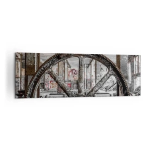 Obraz na płótnie - Stary mechanizm w opuszczonym industrialnym wnętrzu - 160x50cm - Sekretne życie fabryki - Nowoczesna dekoracja ścienna do salonu i sypialni ARTTOR