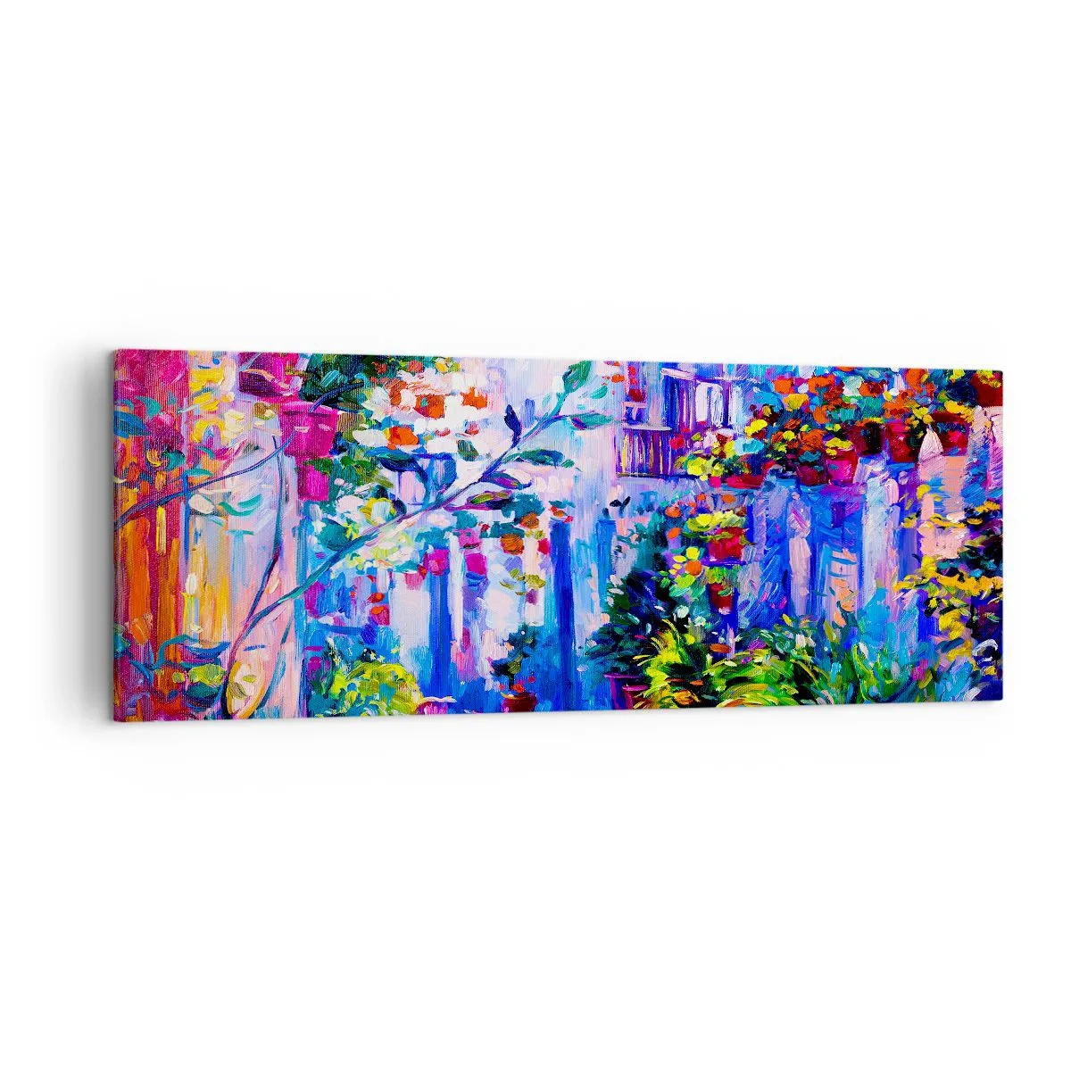 Obraz na płótnie - Kolorowa uliczka pełna kwiatów - 140x50cm - Impresja - włoska uliczka - Nowoczesna dekoracja ścienna do salonu i sypialni ARTTOR