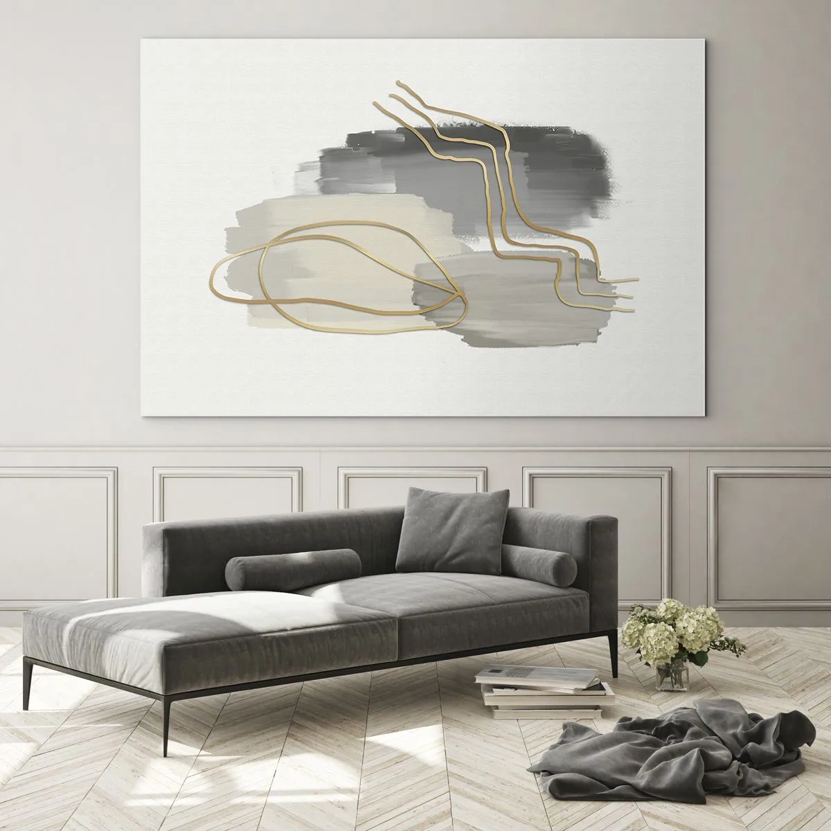 Obraz na szkle - Abstrakcja z szarymi plamami i złotymi liniami na jasnym tle - 70x50cm - Trwanie i ruch - Nowoczesna dekoracja ścienna do salonu i sypialni ARTTOR
