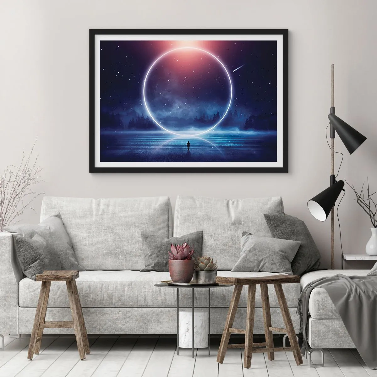 Plakat w czarnej ramie - Magiczny krajobraz z postacią i świetlistym kręgiem nocą - 70x50cm - Już tu są… - Nowoczesna dekoracja ścienna do salonu i sypialni ARTTOR
