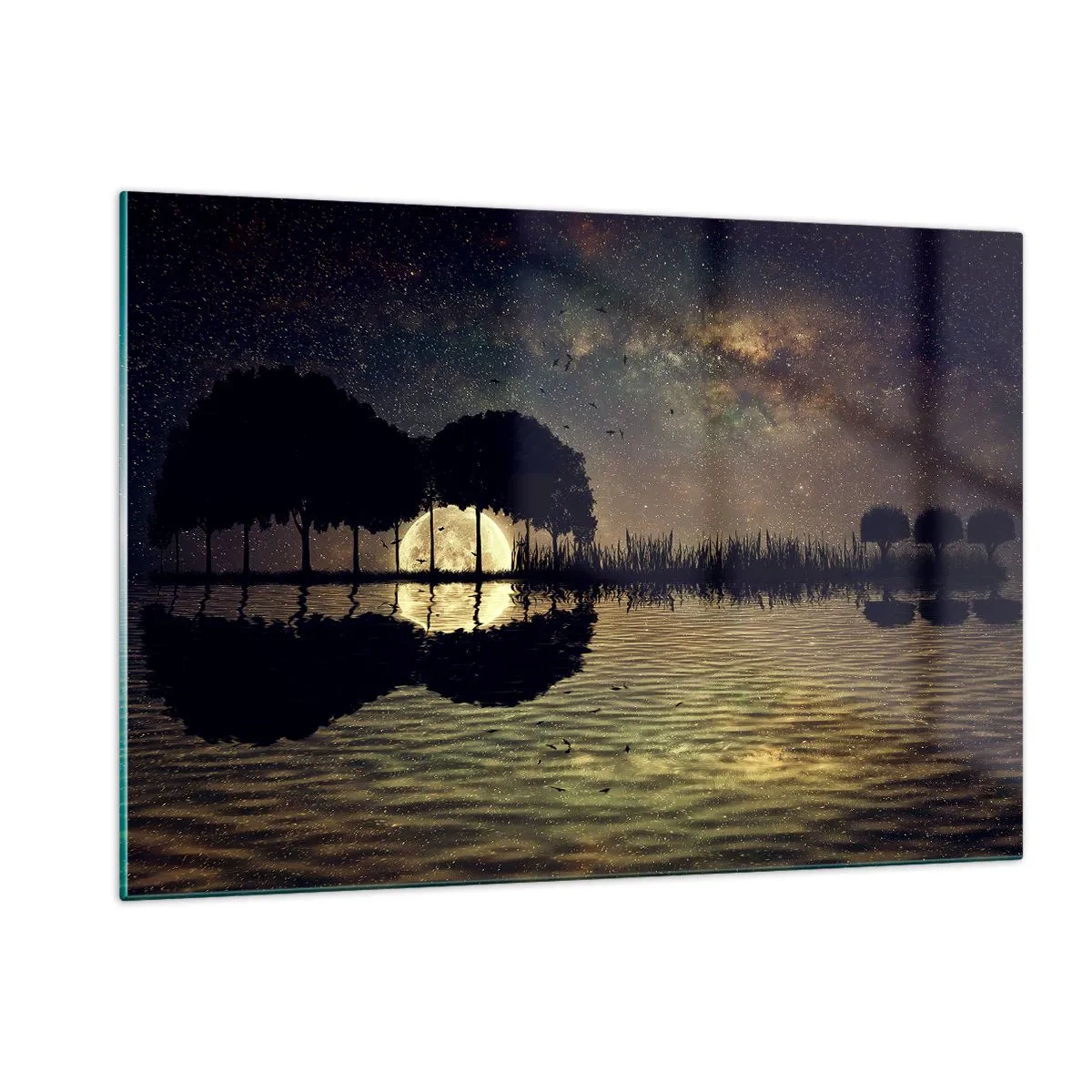 Obraz na szkle - Nocna scena z pełnią księżyca odbijającą się w wodzie - 120x80cm - Noc na krańcu świata - Nowoczesna dekoracja ścienna do salonu, kuchni i sypialni ARTTOR