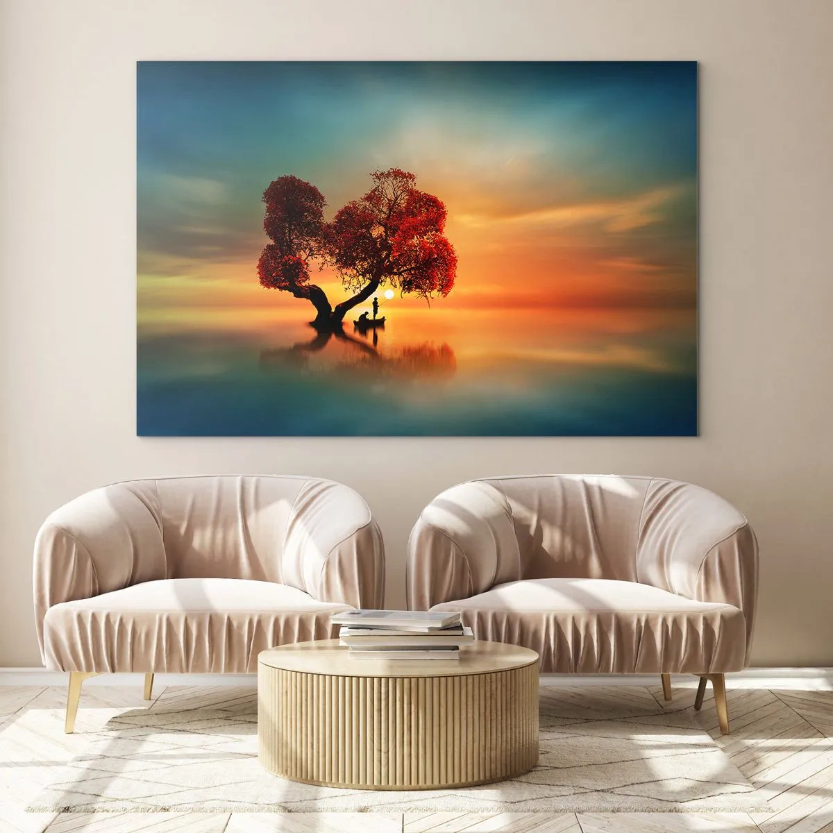 Obraz na szkle - Drzewo z czerwonymi liśćmi na tle zachodu słońca - 100x70cm - Oddaleńcy i ciszyzna bezświata - Nowoczesna dekoracja ścienna do salonu, kuchni i sypialni ARTTOR