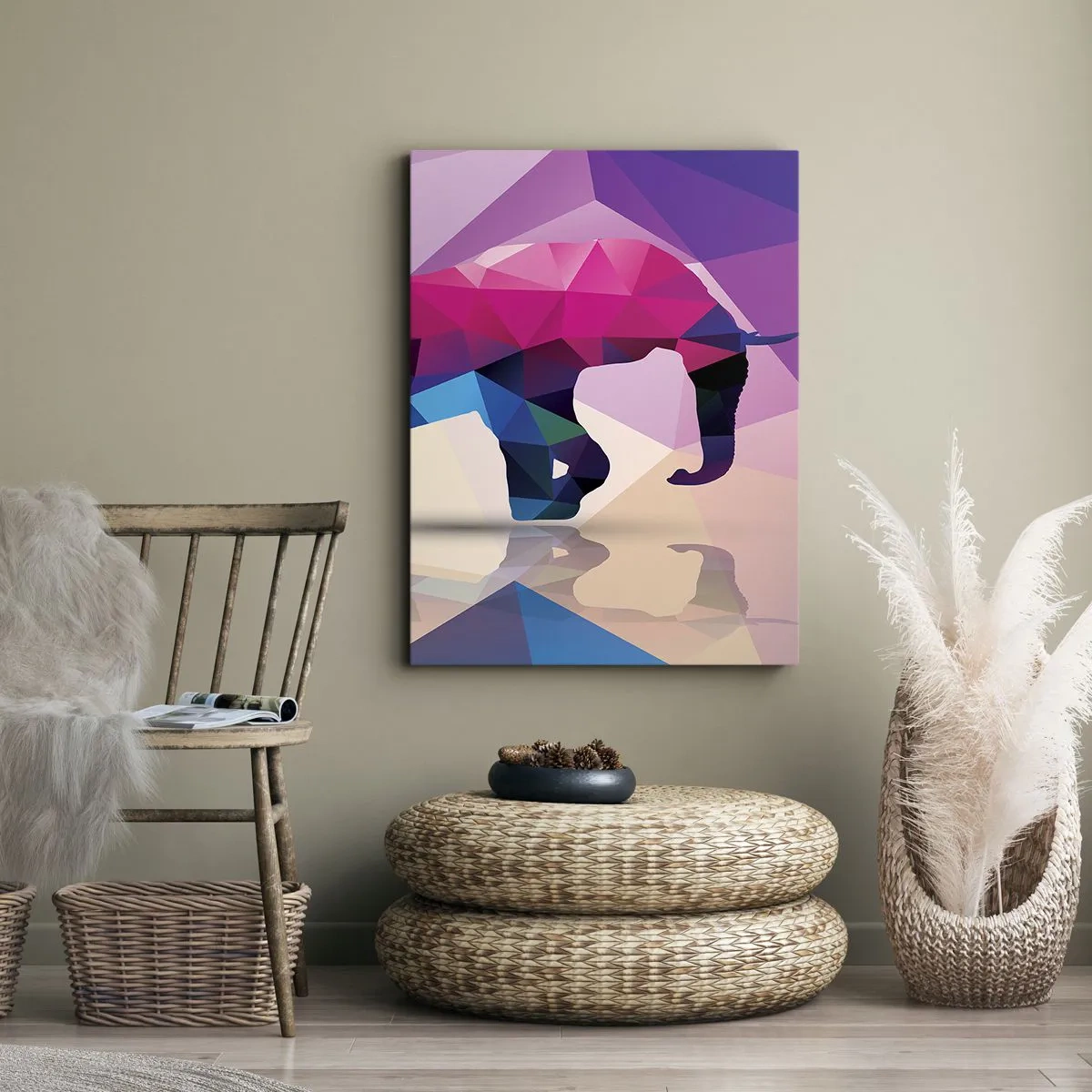Obraz na płótnie - Geometryczny słoń w abstrakcyjnej kolorystyce - 50x70cm - Kryształowy dinozaur - Nowoczesna dekoracja ścienna do salonu, kuchni i sypialni ARTTOR