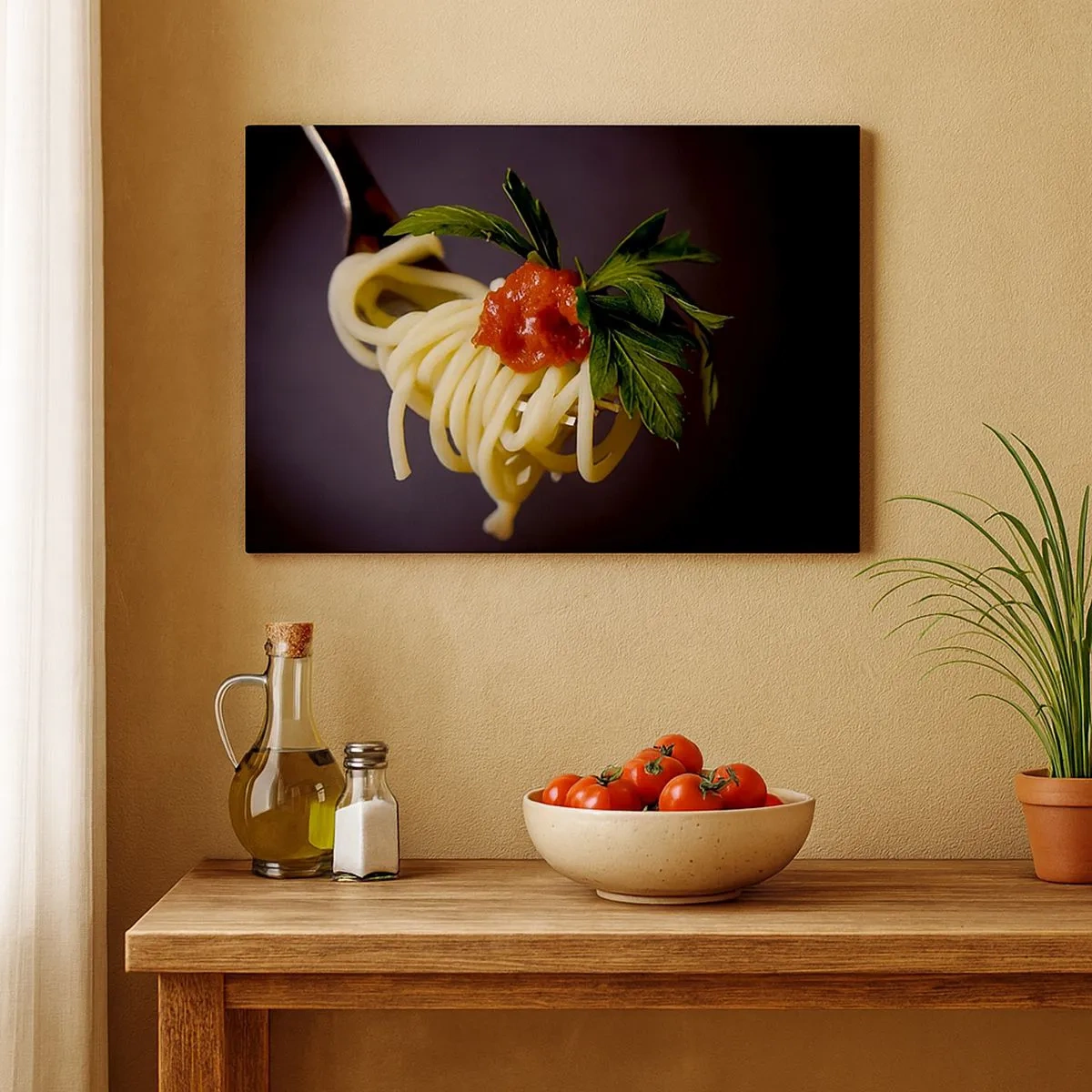 Obraz na płótnie - Makaron spaghetti na widelcu z sosem pomidorowym i natką pietruszki - 70x50cm - Smakowity kęs - Nowoczesna dekoracja ścienna do salonu i sypialni ARTTOR