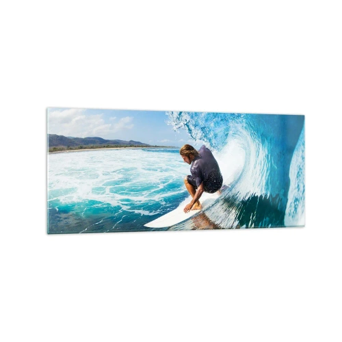 Obraz na szkle - Surfer w dynamicznej pozie na fali w turkusowej wodzie - 120x50cm - Tańczący z falami - Nowoczesna dekoracja ścienna do salonu i sypialni ARTTOR