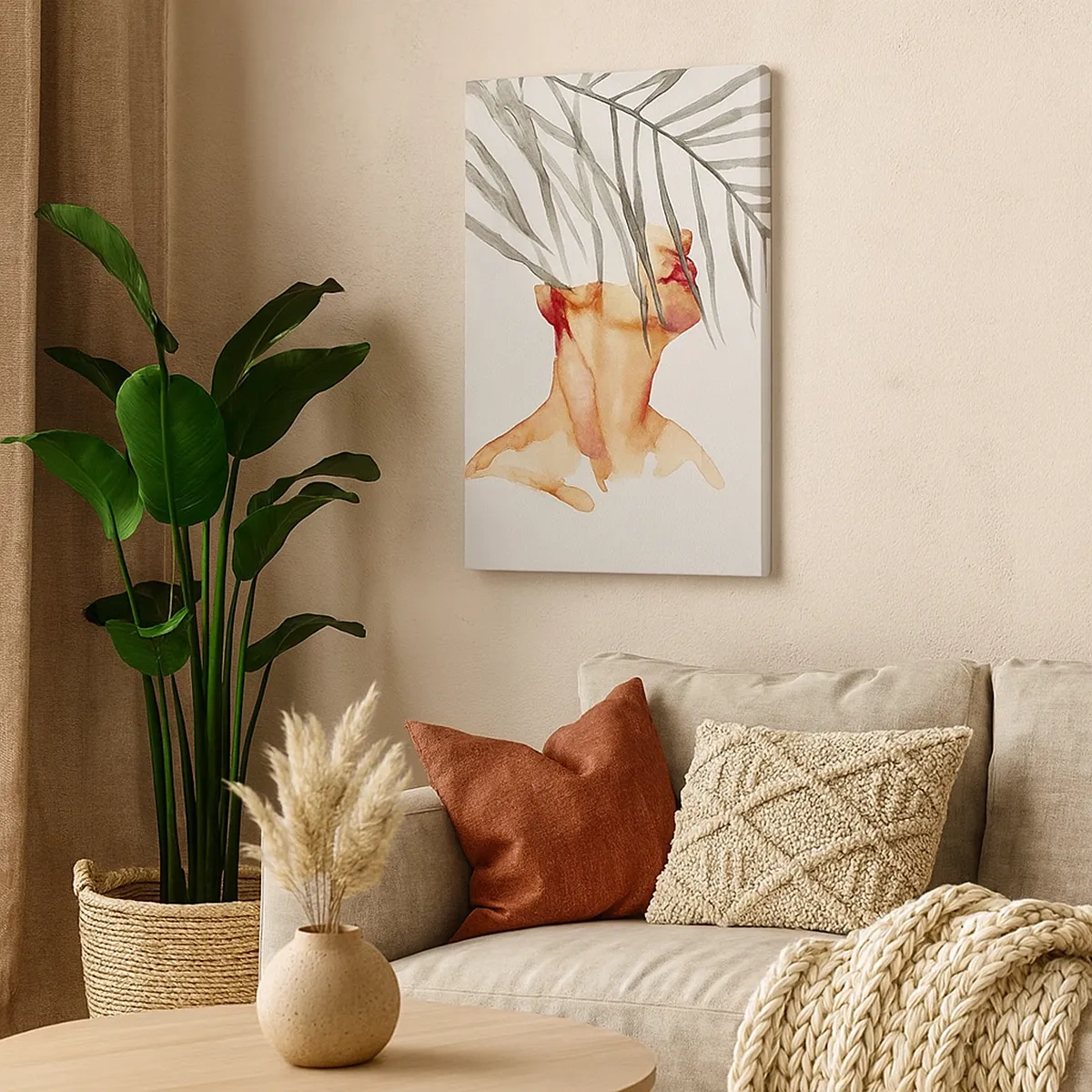 Obraz na płótnie - Akwarelowa sylwetka kobiety z gałęzią palmy zasłaniającą twarz - 50x70cm - Poczuć puls tropików - Nowoczesna dekoracja ścienna do salonu, kuchni i sypialni ARTTOR