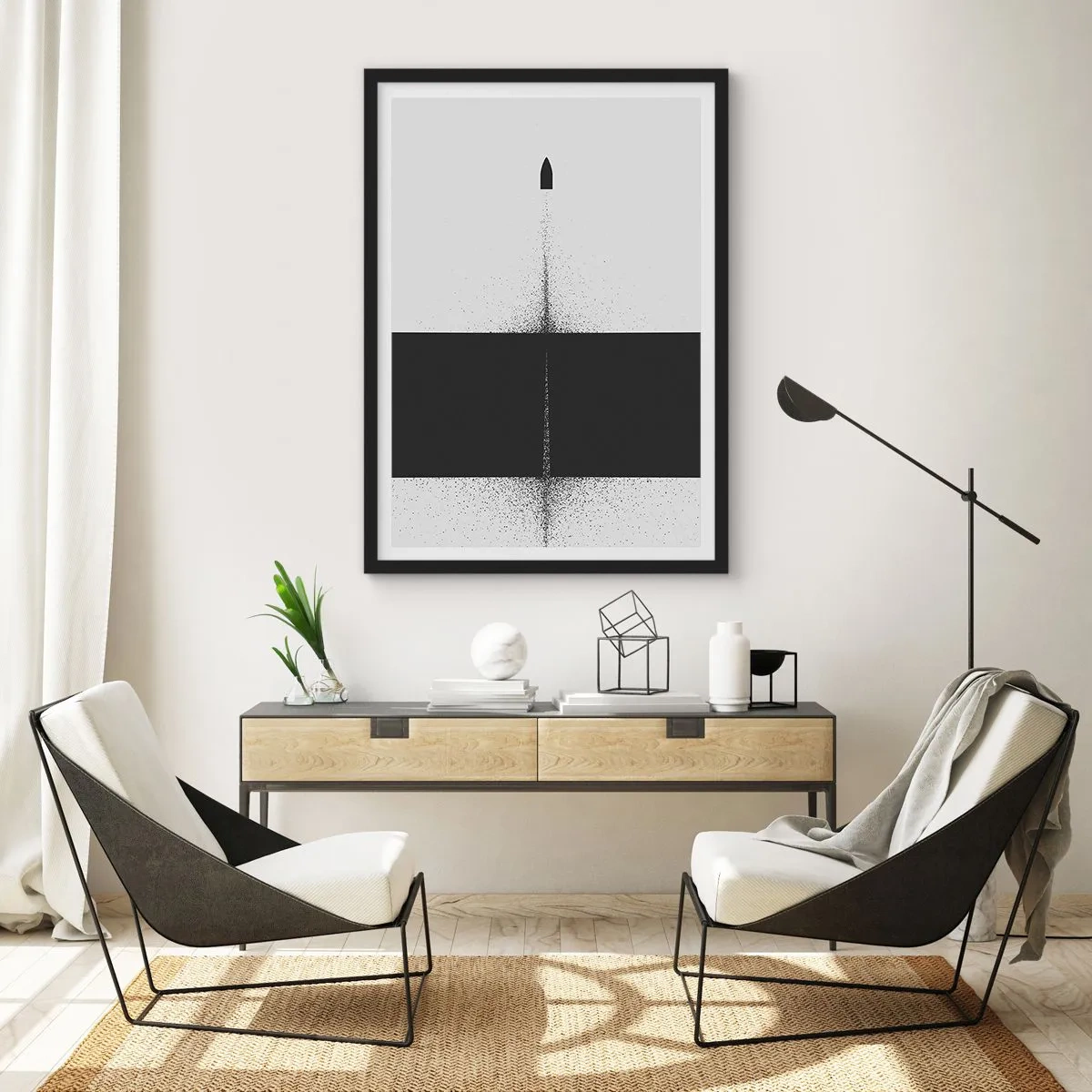 Plakat w czarnej ramie - Minimalistyczna abstrakcja z rakietą na tle podzielonym - 50x70cm - Prosto do celu - Nowoczesna dekoracja ścienna do salonu i sypialni ARTTOR