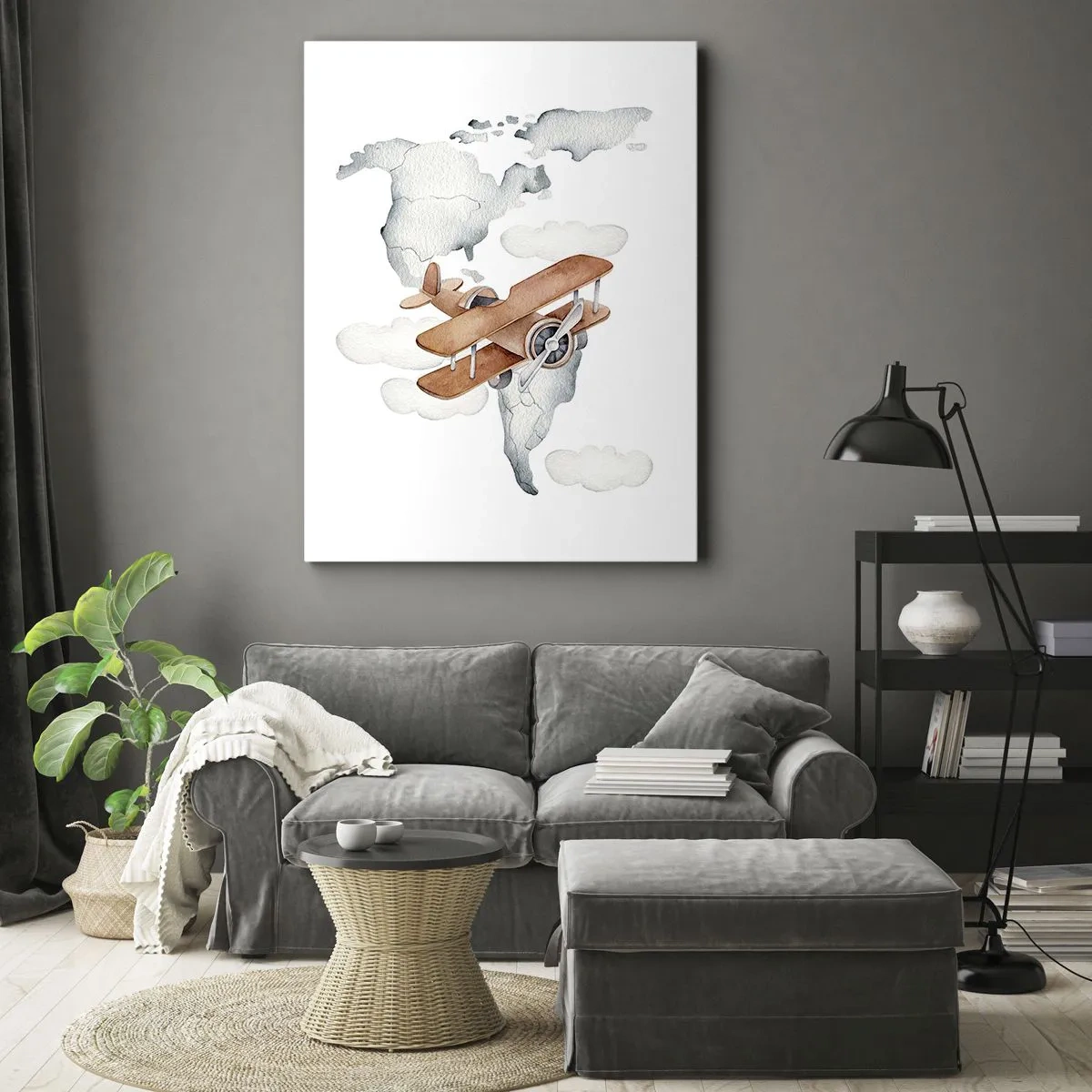 Obraz na płótnie - Ilustracja drewnianego dwupłatowca unoszącego się nad mapą świata wśród chmur - 50x70cm - W pionierskim duchu - Nowoczesna dekoracja ścienna do salonu, kuchni i sypialni ARTTOR