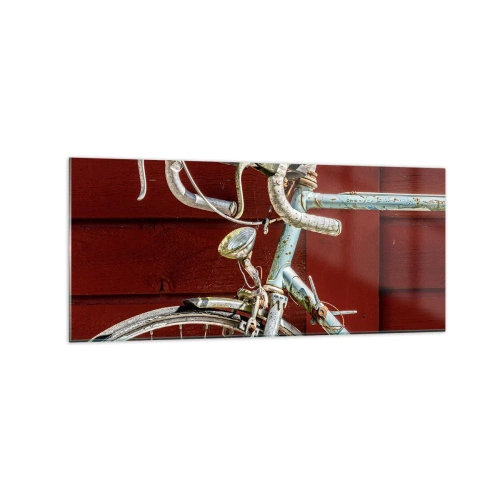 Obraz na szkle - Zabytkowy rower na tle czerwonej drewnianej ściany - 120x50cm - Stworzony do zwycięstw - Nowoczesna dekoracja ścienna do salonu i sypialni ARTTOR
