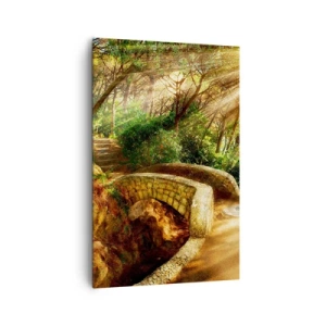 Obraz na płótnie - Leśny krajobraz z promieniami słońca i kamiennym mostkiem - 80x120cm - Prosto z mostku w baśniowy las - Nowoczesna dekoracja ścienna do salonu i sypialni ARTTOR