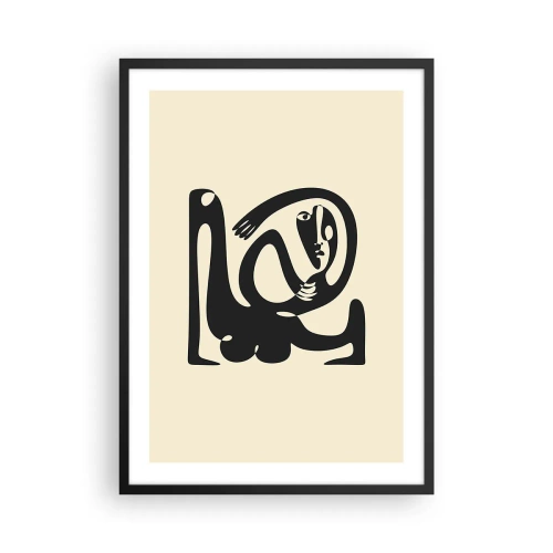 Plakat w czarnej ramie - Abstrakcyjna postać na beżowym tle w czarnej linii - 50x70cm - Prawie Picasso - Nowoczesna dekoracja ścienna do salonu i sypialni ARTTOR