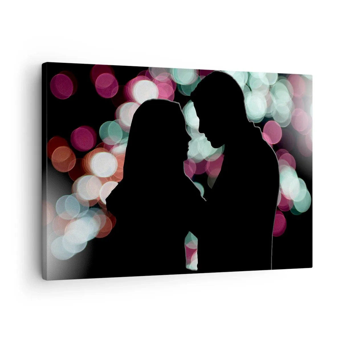 Obraz na płótnie - Sylwetki pary na tle kolorowych świateł bokeh - 70x50cm - Tak! - Nowoczesna dekoracja ścienna do salonu i sypialni ARTTOR