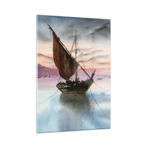 Obraz na szkle - Dwa żaglowce na spokojnej wodzie przy zachodzie słońca - 50x70cm - Wieczór w porcie - Nowoczesna dekoracja ścienna do salonu, kuchni i sypialni ARTTOR