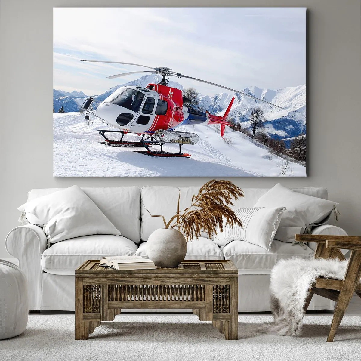 Obraz na płótnie - Czerwony helikopter na śnieżnym tle z górskim krajobrazem - 70x50cm - Zawsze gotowy - Nowoczesna dekoracja ścienna do salonu i sypialni ARTTOR
