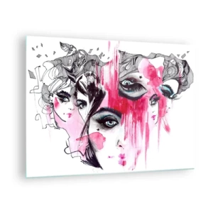 Obraz na szkle - Abstrakcyjne kobiece twarze z różowymi akcentami w stylu szkicu - 70x50cm - Abstrakcyjne oczy - Nowoczesna dekoracja ścienna do salonu i sypialni ARTTOR