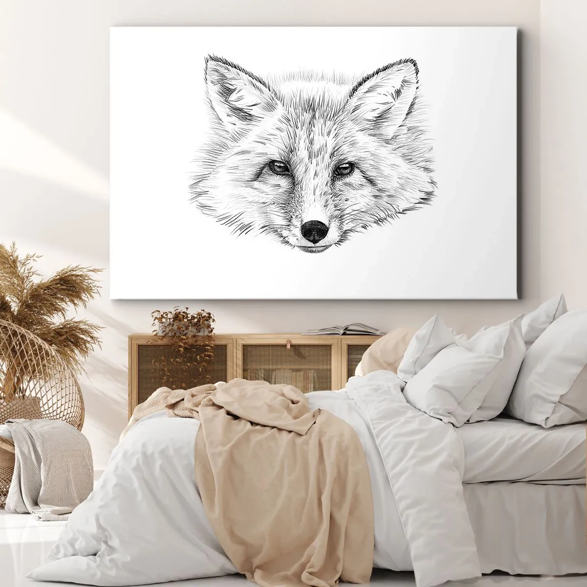 Obraz na płótnie - Czarno-biały rysunek głowy lisa na białym tle - 120x80cm - Czy te oczy mogą kłamać? - Nowoczesna dekoracja ścienna do salonu, kuchni i sypialni ARTTOR