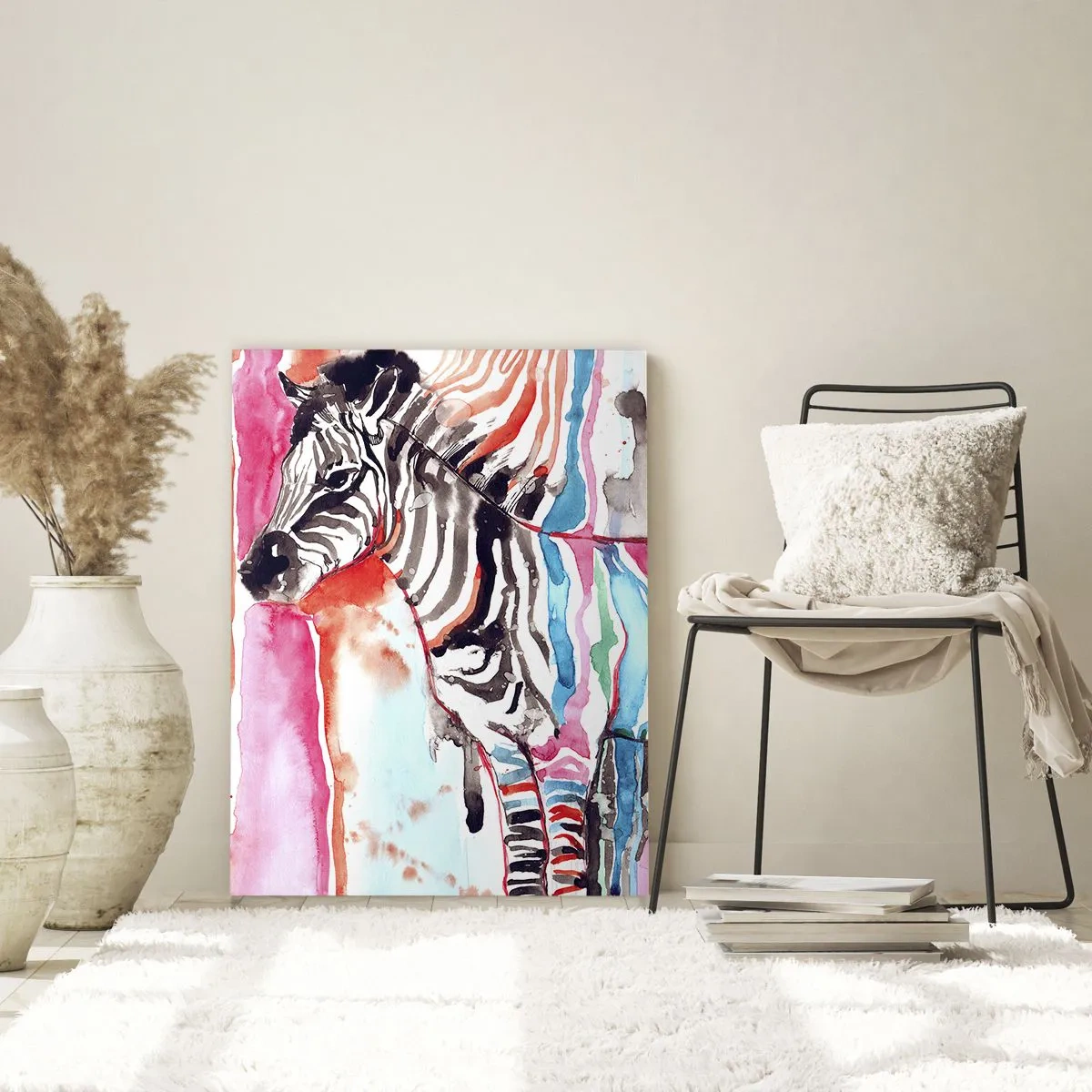 Obraz na szkle - Kolorowa zebra w stylu akwarelowym - 50x70cm - Beztroski żart natury - Nowoczesna dekoracja ścienna do salonu, kuchni i sypialni ARTTOR