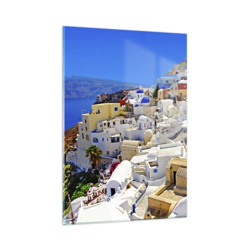 Obraz na szkle - Santorini z białymi domami na tle błękitnego nieba - 50x70cm - Marzenie o greckim lecie - Nowoczesna dekoracja ścienna do salonu, kuchni i sypialni ARTTOR