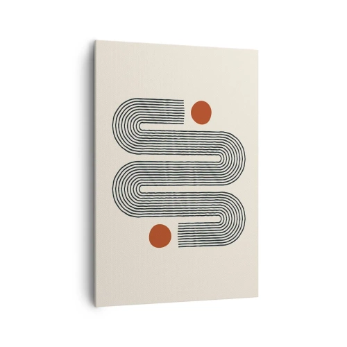 Obraz na płótnie - Geometryczny wzór z liniami i pomarańczowymi okręgami - 70x100cm - Od początku do końca - Nowoczesna dekoracja ścienna do salonu i sypialni ARTTOR