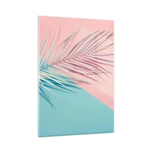 Obraz na szkle - Liść palmy na pastelowym tle w geometrycznej kompozycji - 50x70cm - Tropikalna impresja - Nowoczesna dekoracja ścienna do salonu, kuchni i sypialni ARTTOR