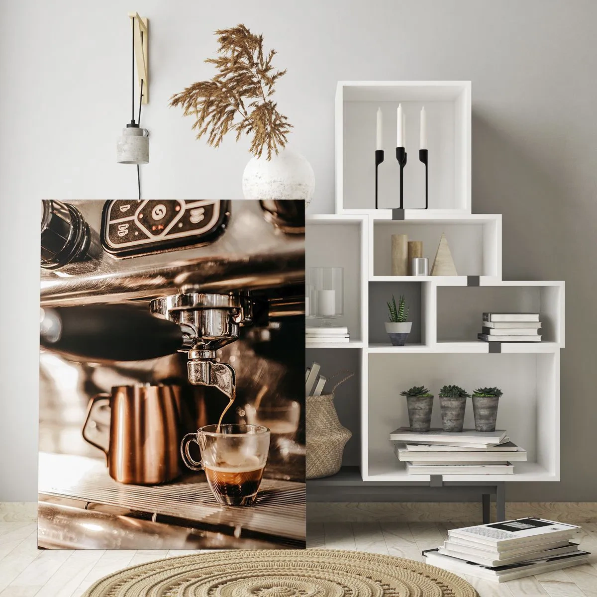 Obraz na szkle - Ekspres do kawy nalewający aromatyczne espresso do szklanej filiżanki - 80x120cm - Blask kawy - Nowoczesna dekoracja ścienna do salonu i sypialni ARTTOR