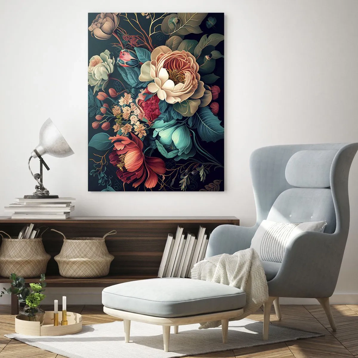 Obraz na szkle - Barwna kompozycja kwiatów na ciemnym tle - 80x120cm - XIX-wieczny czar - Nowoczesna dekoracja ścienna do salonu i sypialni ARTTOR