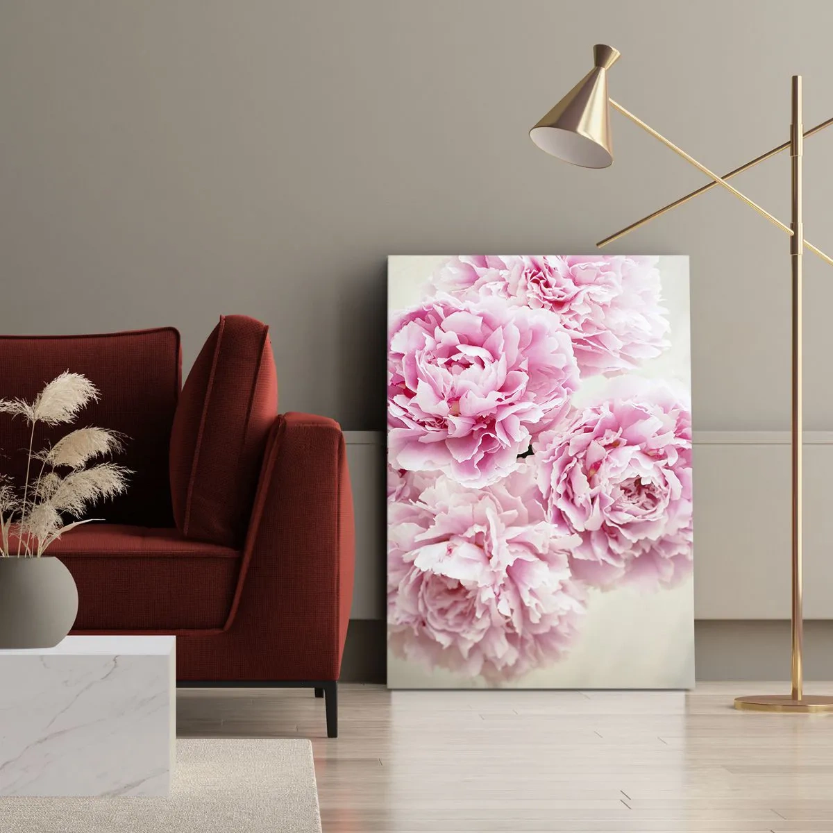 Obraz na płótnie - Bukiet różowych piwonii na jasnym tle - 50x70cm - W różowym przepychu - Nowoczesna dekoracja ścienna do salonu, kuchni i sypialni ARTTOR