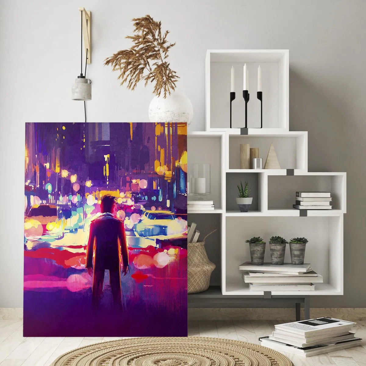Obraz na szkle - Postać w kolorowym, nocnym świetle miasta o futurystycznym stylu - 50x70cm - Zanurzony w świetle - Nowoczesna dekoracja ścienna do salonu, kuchni i sypialni ARTTOR