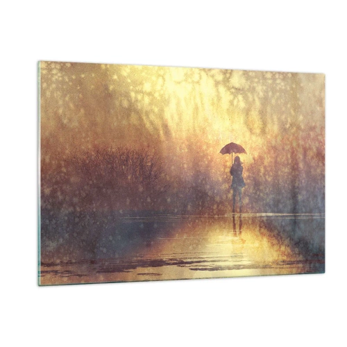 Obraz na szkle - Postać z parasolem w świetle zachodzącego słońca i deszczu - 120x80cm - Czuję, że ktoś na mnie patrzy - Nowoczesna dekoracja ścienna do salonu, kuchni i sypialni ARTTOR